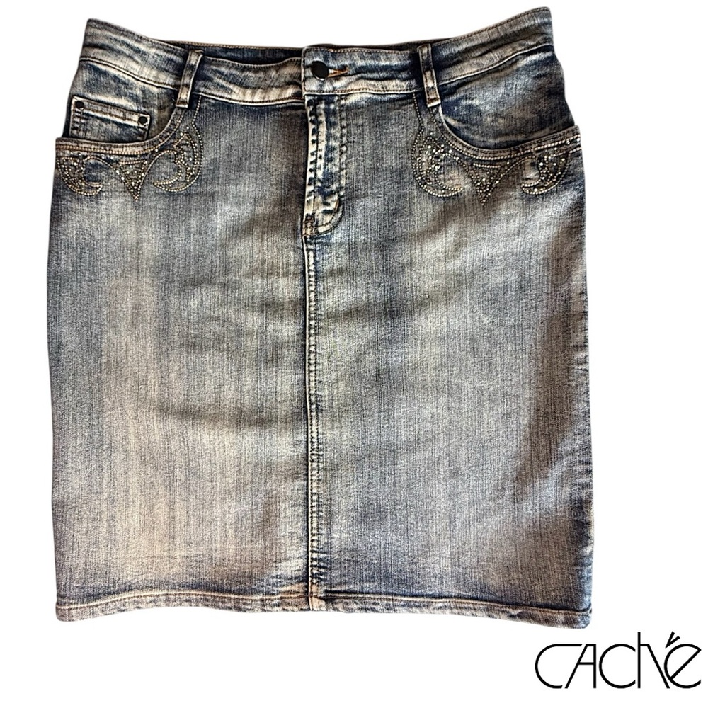 VTG Y2K Cache Skirt Wmn’s Denim Acid Wash Embellished Bedazzled Pencil Skirt 12